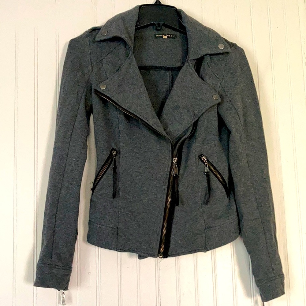 Double Breasted Knit Moto Jacket Size Small Gray Black Motorcycle Stretch
